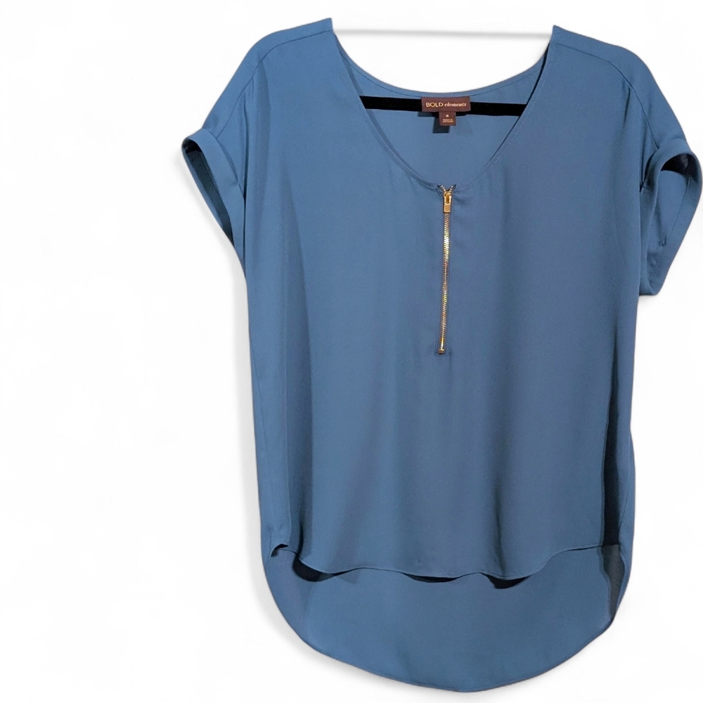 💙 BOLD elements Teal Blue Gold Zipper Blouse S High Low💙
